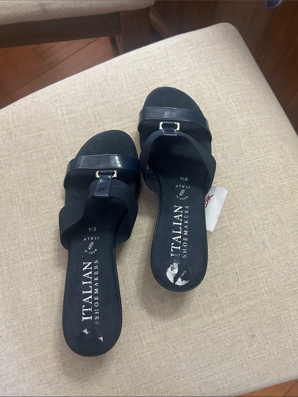 Italian Shoemakers Navy Slide Mules with Metal Accent